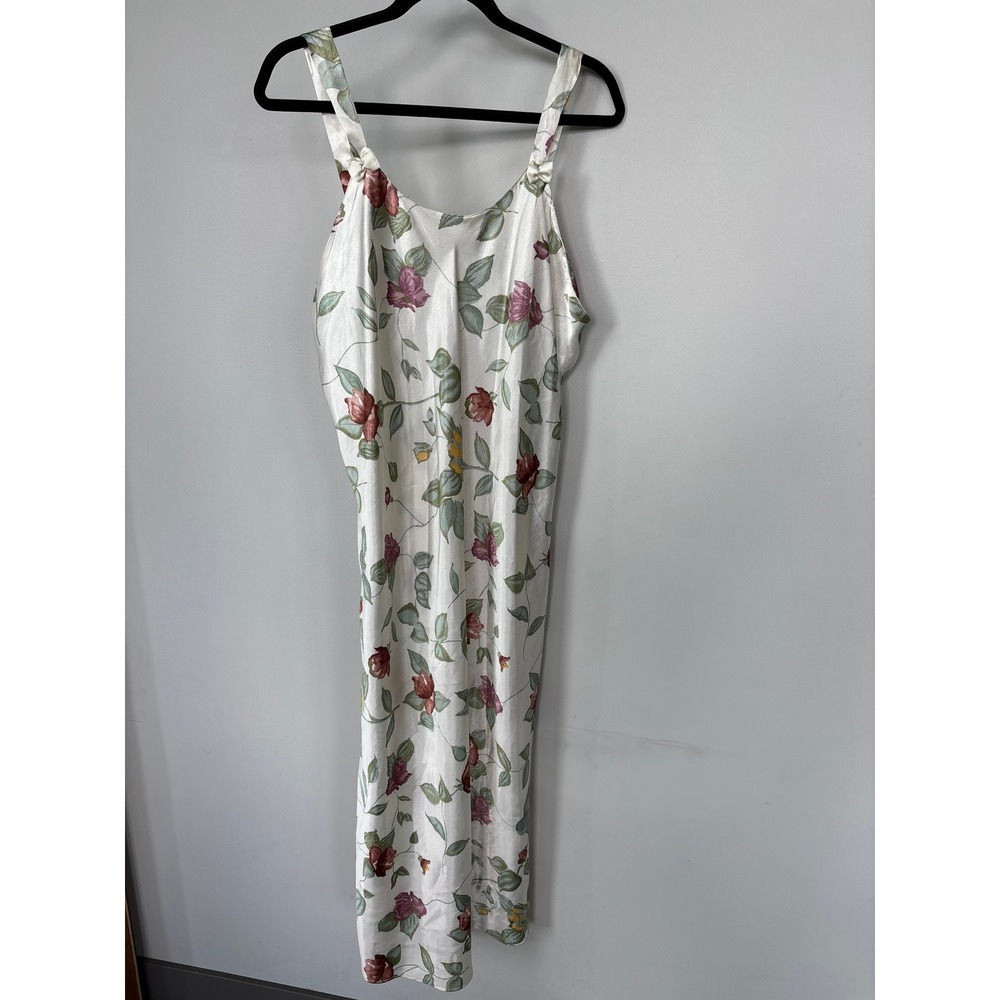 Vintage Floral Satin Slip Dress XL Cream Rose Print Ruffle Back Midi Dress